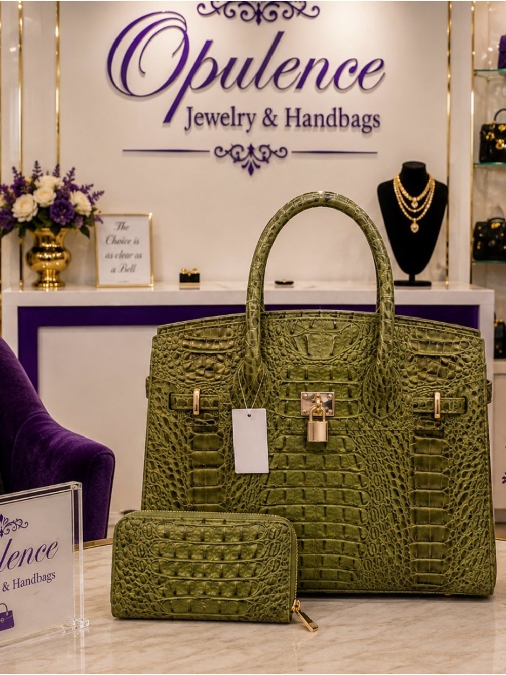 Olive Green Croc-Embossed Tote with Wallet